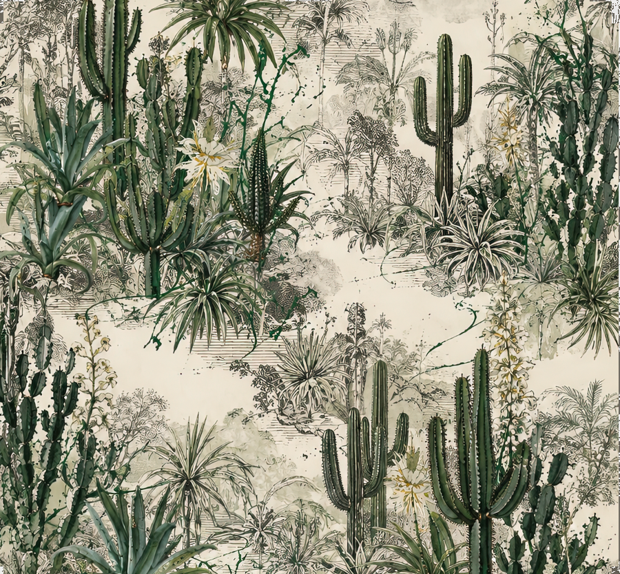 A botanical pattern featuring various cacti, succulents, and tropical plants in shades of green and beige on a cream-colored background.