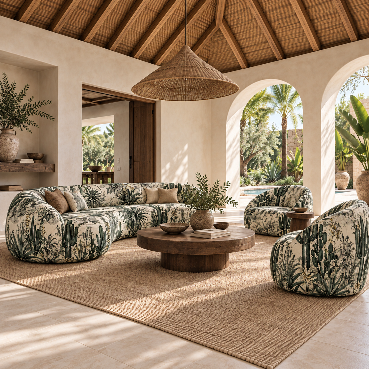 A luxury bohemian-style living room featuring a curved modular sofa and matching armchair in a green and beige botanical print, arranged on a large jute rug around a round wooden coffee table. The room has a high wood-beamed ceiling, arched windows looking out to palm trees, and a large woven pendant light hanging above.