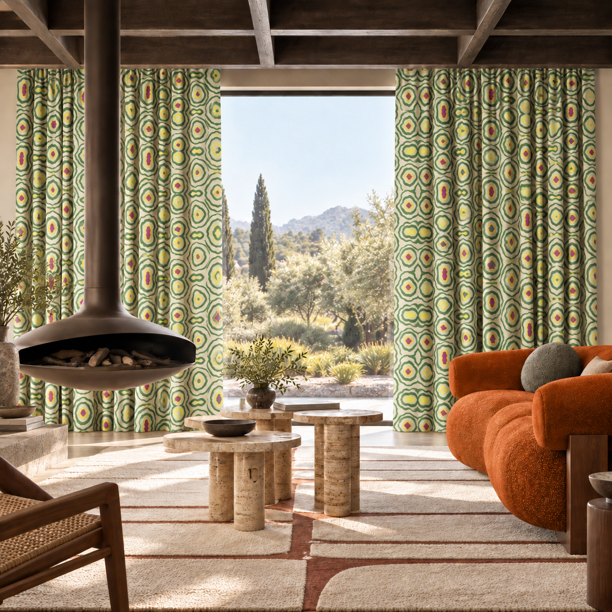 A styled interior room with tall patterned curtains in green, yellow, orange, and red tones hanging on either side of a large window. The room includes a suspended fireplace, stone tables, a rust-orange sofa, and an outdoor desert landscape visible through the glass.