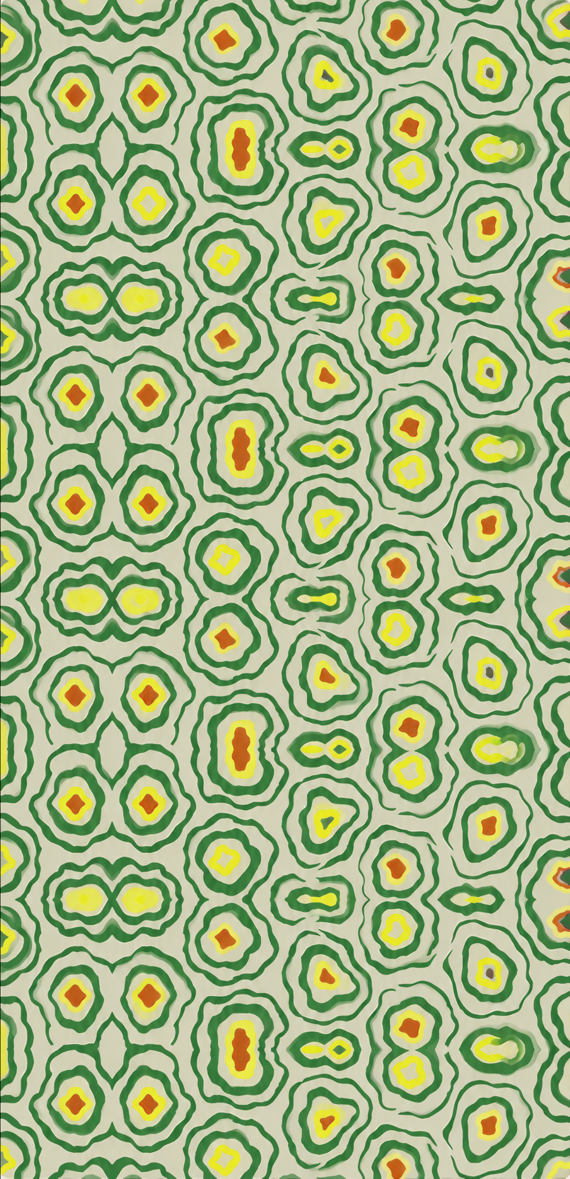 A repeating abstract pattern of concentric green, yellow, and orange shapes on a light beige background, filling the entire frame.