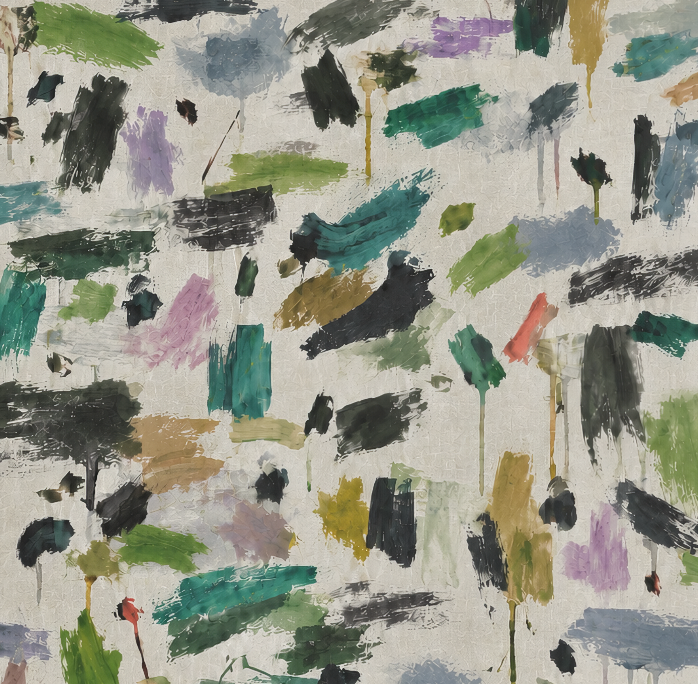 Abstract painterly pattern with expressive brushstrokes in black, teal, green, purple, blue-gray, tan, and olive on a light off-white background.