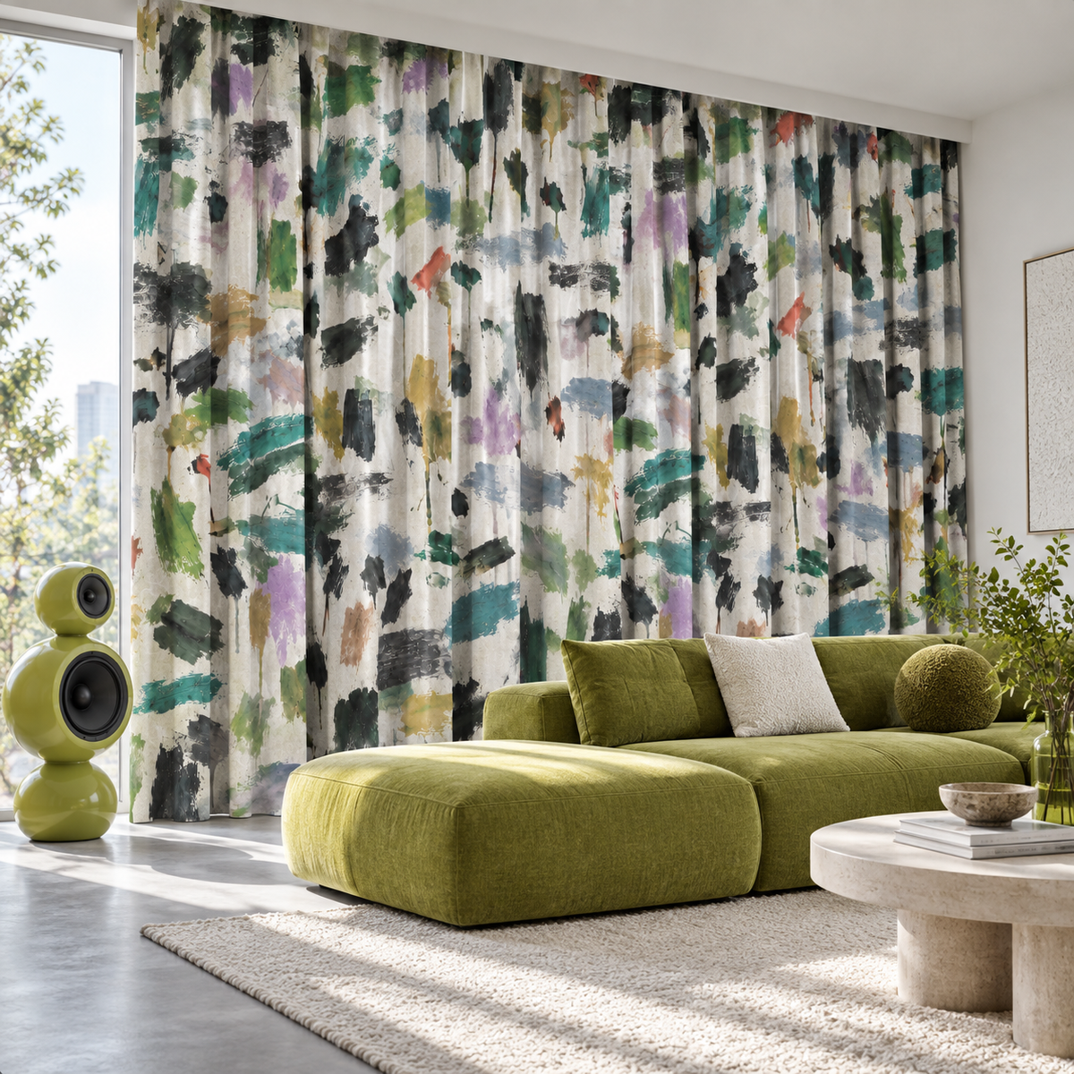 Abstract watercolor print curtains hanging in a modern living room with a green sectional sofa, white rug, and a green speaker on the left.