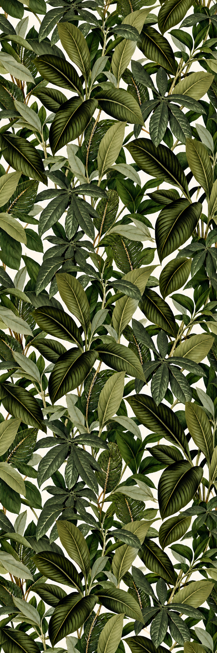 A seamless botanical pattern featuring variegated green and cream leaves with prominent central veins, set against a solid white background.
