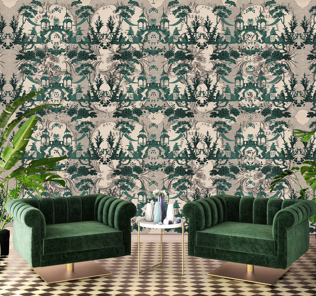 Wallpaper - Chinoiserie - Lucky Jade Garden - Emerald