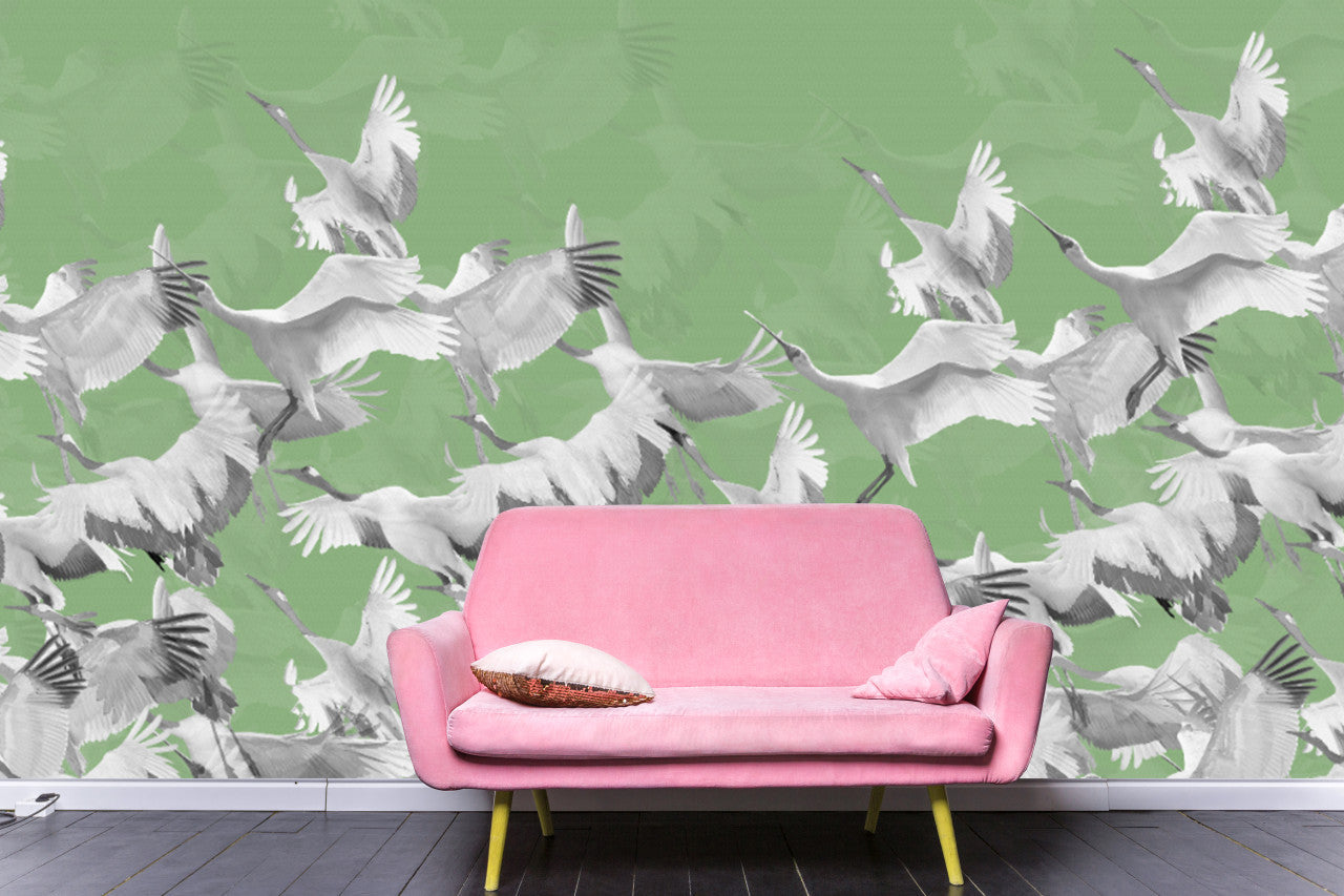 Wallpaper - Ryokan Dreaming - Cranes in Flight Green