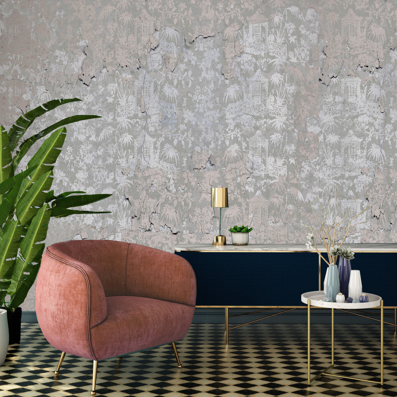 Wallpaper - Chinoiserie - Enchanted Garden in Fading Pink