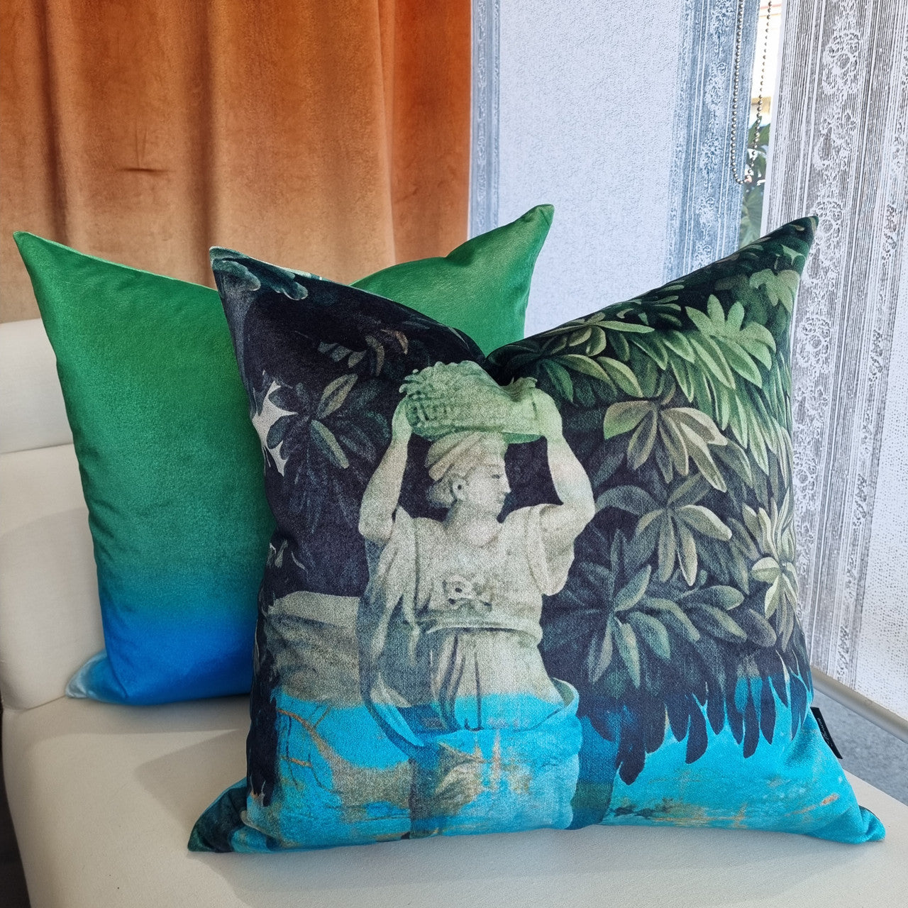 Cushion - Woven Magic - Tapestry Green with Statue