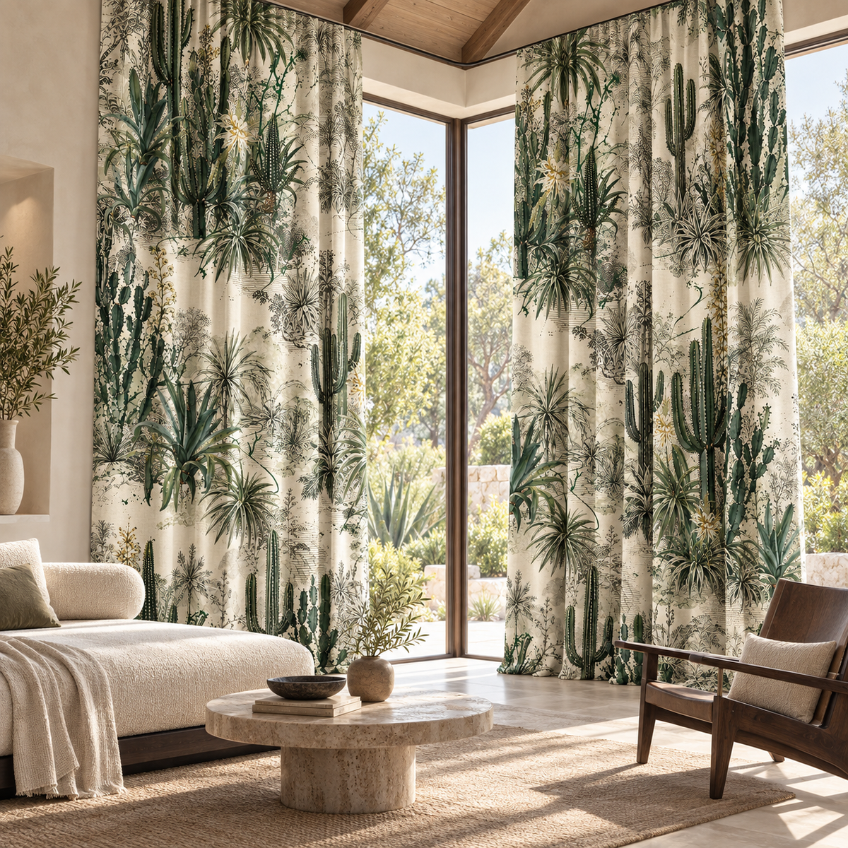 A pair of floor-length curtain panels with a green desert botanical print on a cream background, hanging in a bright, modern living room with large windows and outdoor views.