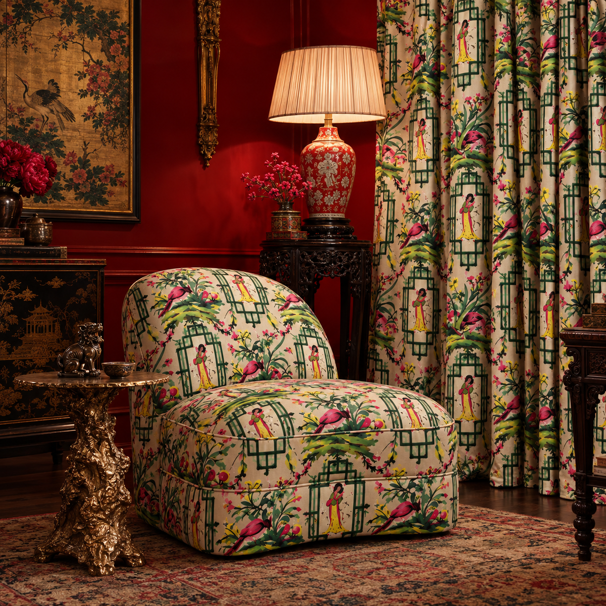 A styled interior scene featuring a upholstered armchair and matching curtains with a multicolor tropical and architectural print on a cream background, set against a deep red wall with a lit table lamp and ornate furniture.