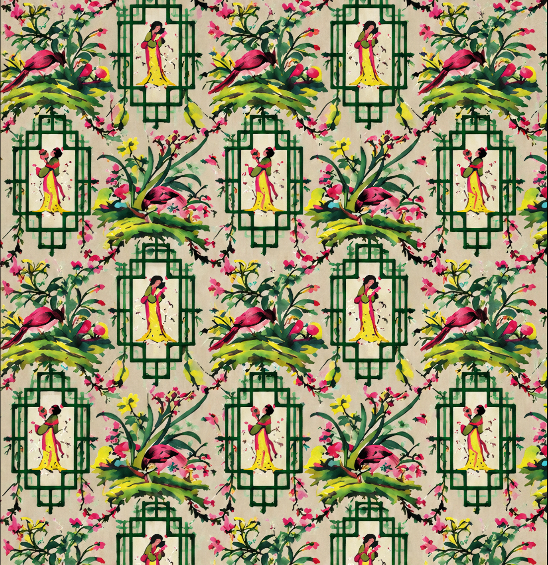 A repeating vintage-style toile pattern featuring Chinese garden motifs, including green lattice screens, pink flowers, green foliage, and figures in yellow robes on a light beige background.