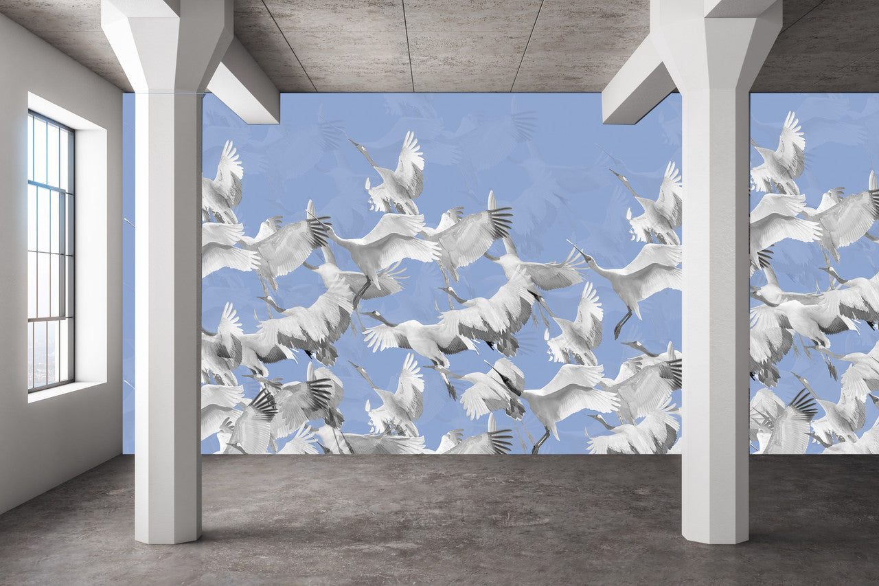 Wallpaper - Ryokan Dreaming - Cranes in Flight- Blue
