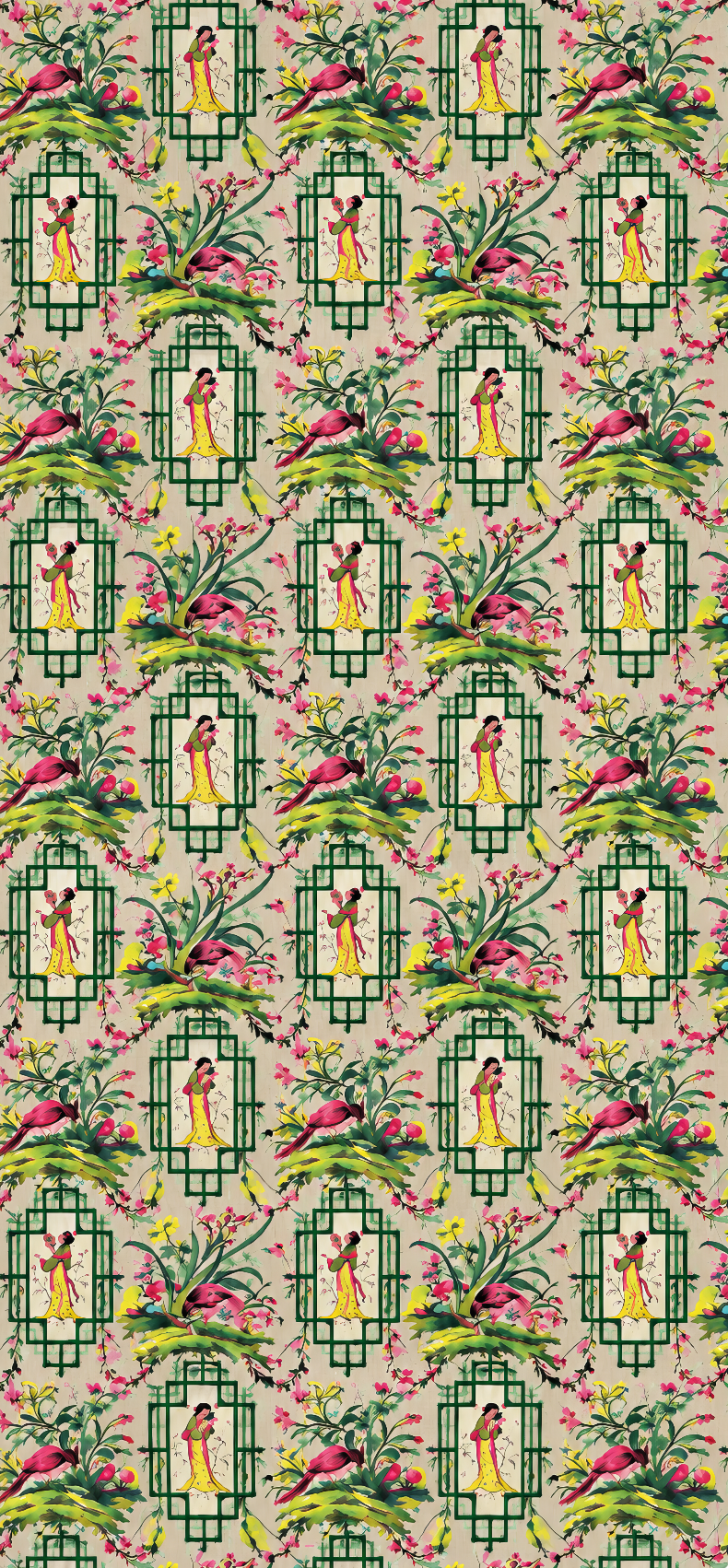 A repeating vintage-style toile pattern featuring Chinese garden motifs, including pink flamingos, green foliage, and figures framed by green lattice screens on a beige background.
