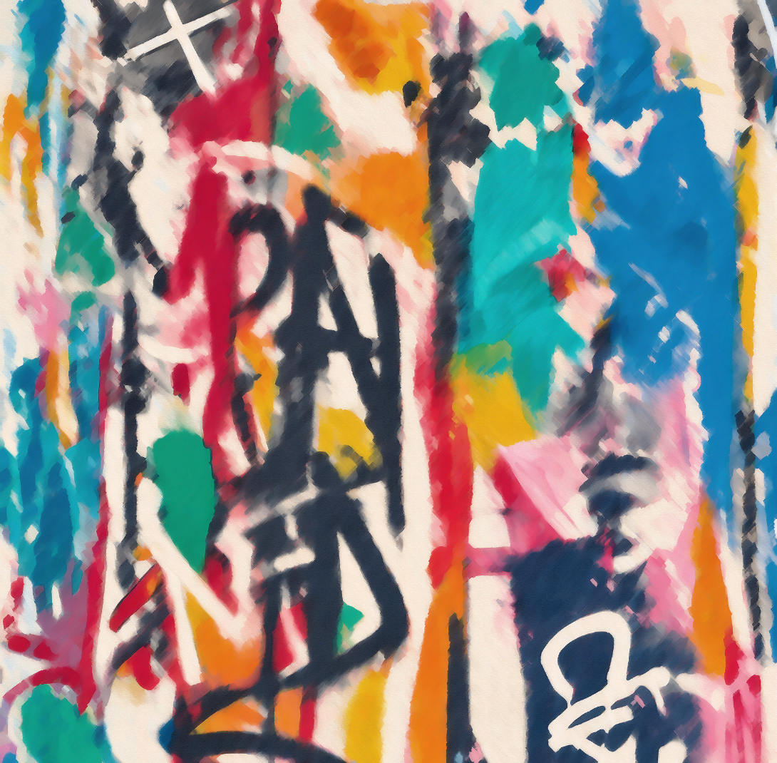 Abstract multicolor graffiti-style artwork with layered black, red, blue, teal, yellow, pink, orange, and white brushstrokes and tags on a light background.
