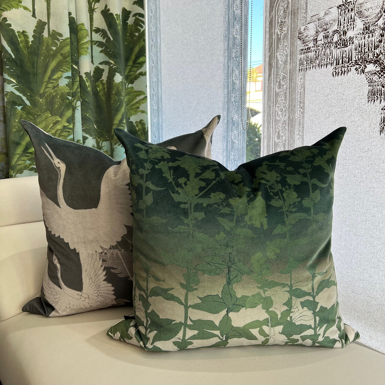 Cushion - Ryokan Dreaming - Cranes in Flight Green