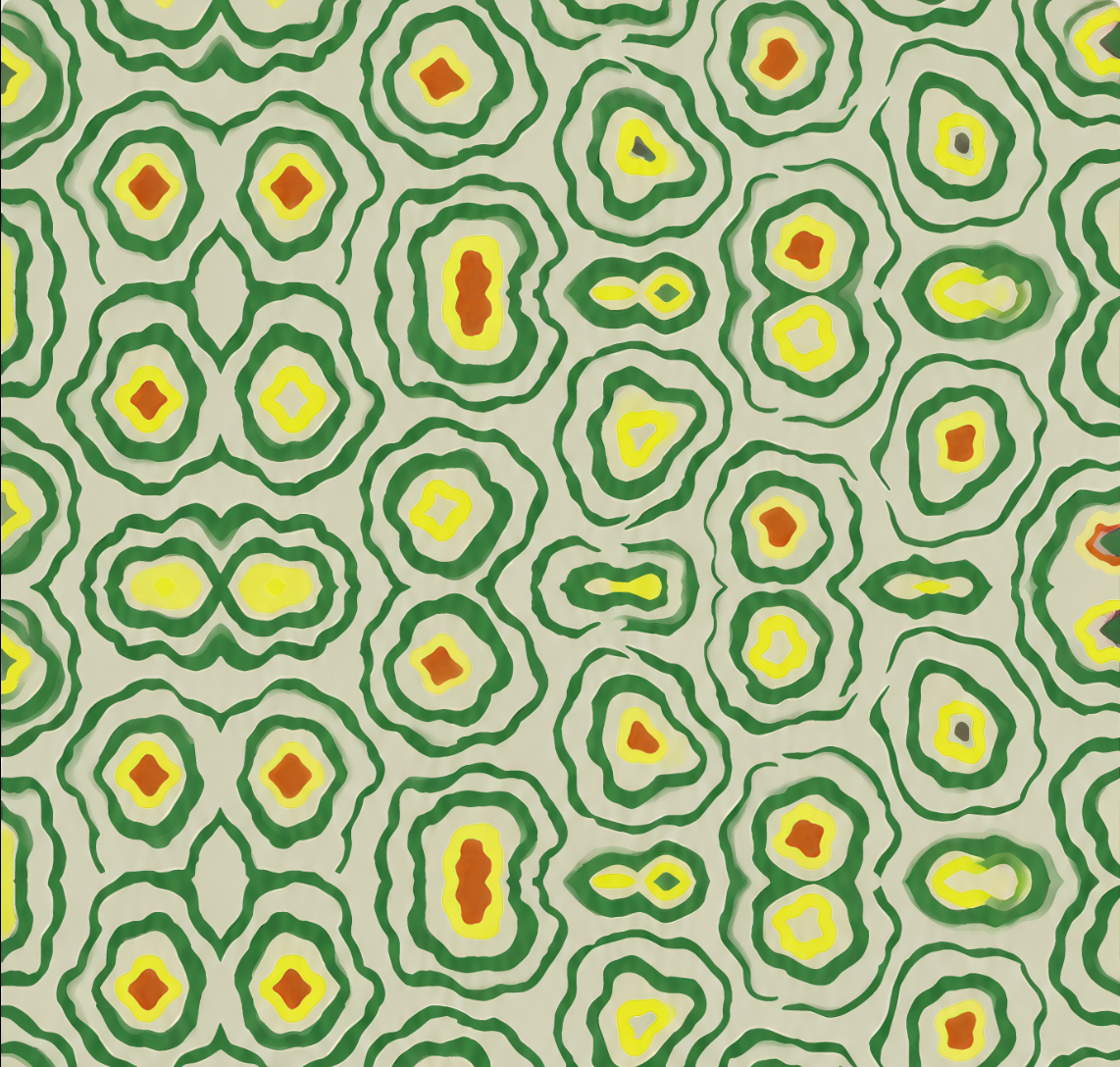 A seamless repeating pattern featuring concentric organic shapes in green, yellow, and orange on a light beige background.