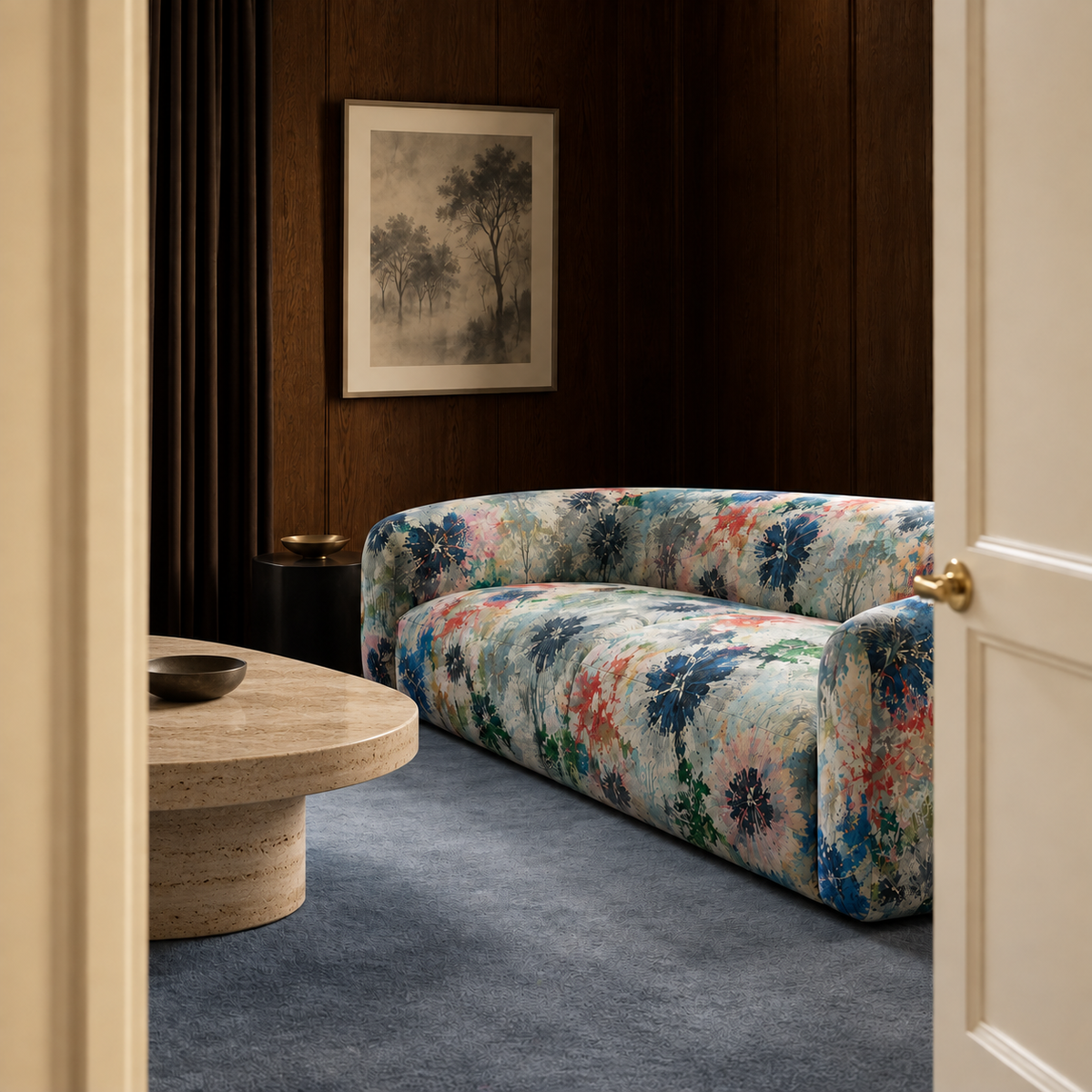 A curved upholstered sofa with a multicolor floral pattern in blue, pink, green, and cream, set in a dark wood-paneled room with a stone coffee table and blue carpet.