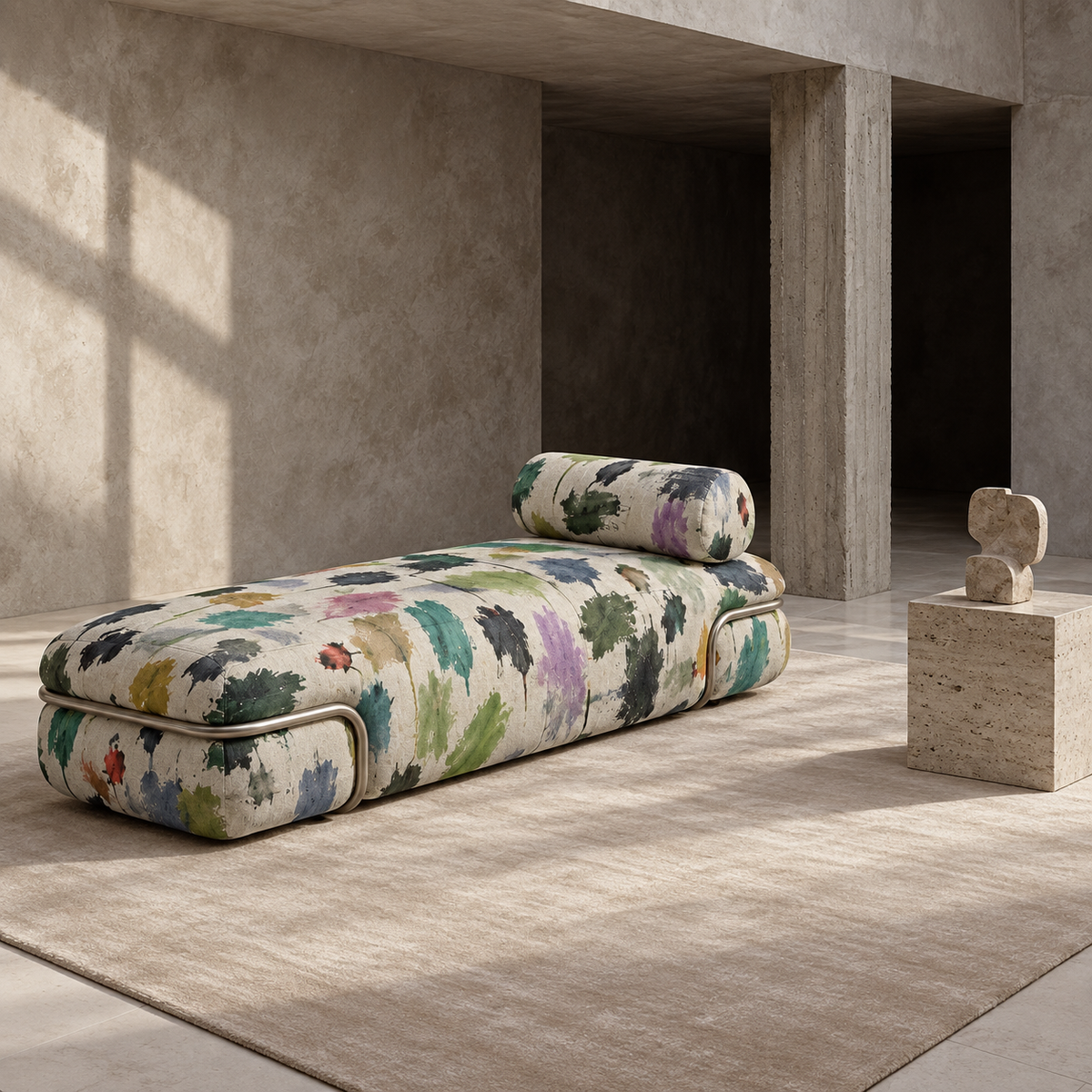 A modern chaise lounge with a colorful watercolor-style floral pattern on a cream base, styled in a minimalist concrete room with a beige rug and a small stone sculpture.