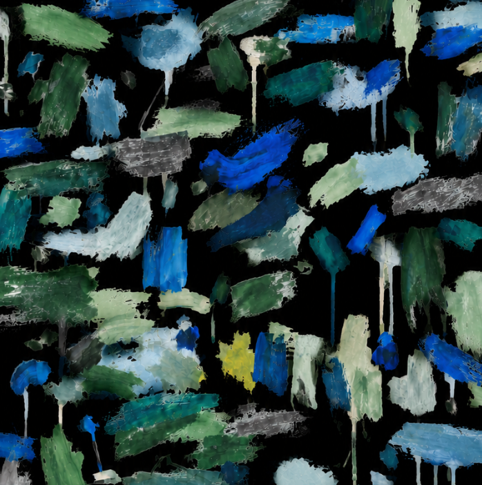 Abstract painted pattern with layered brushstrokes in blue, green, teal, gray, and white over a black background, with a small yellow accent near the lower center.