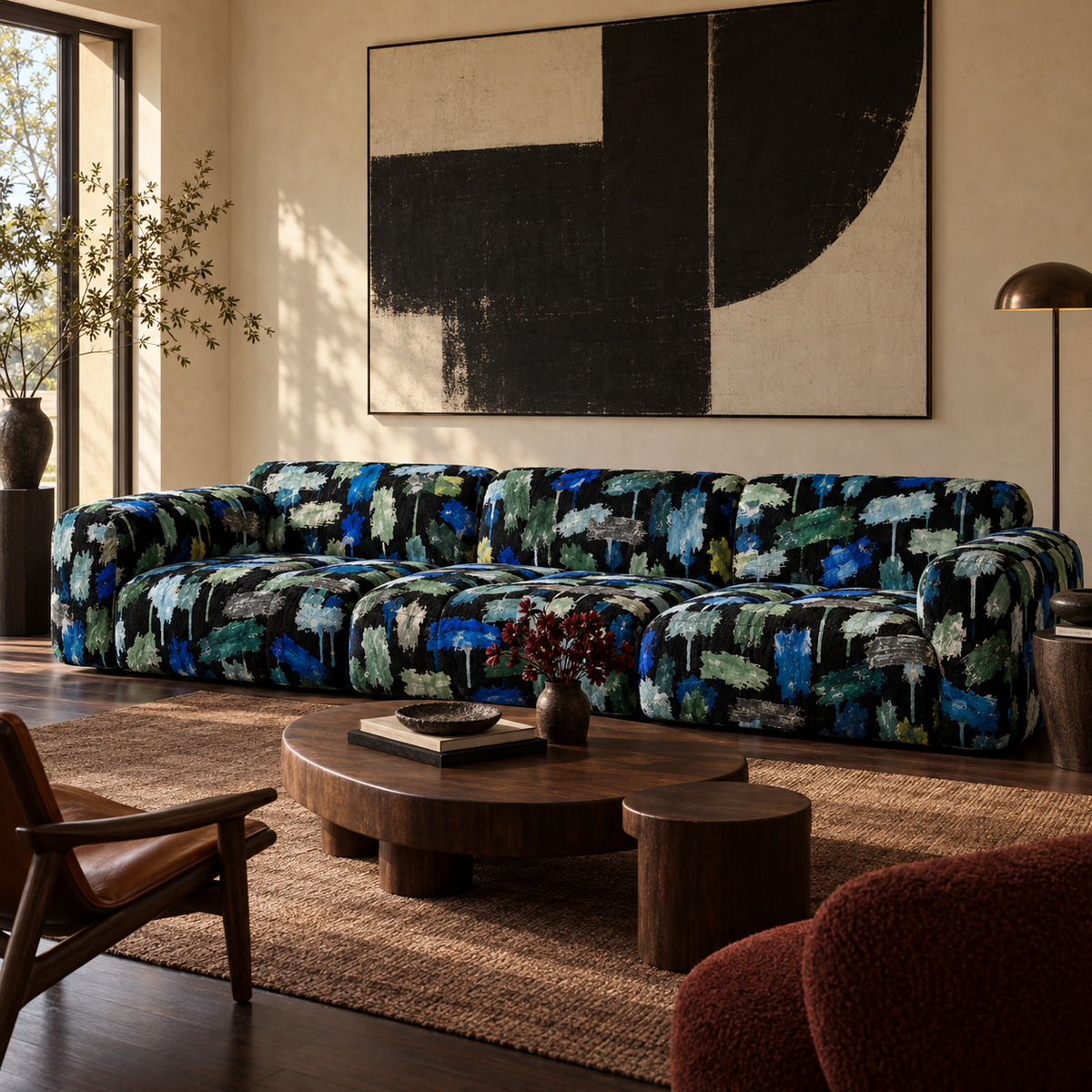 A plush upholstered sofa in a bold abstract pattern of blue, green, black, and white, set in a modern living room with a wooden coffee table and a large abstract wall art piece.