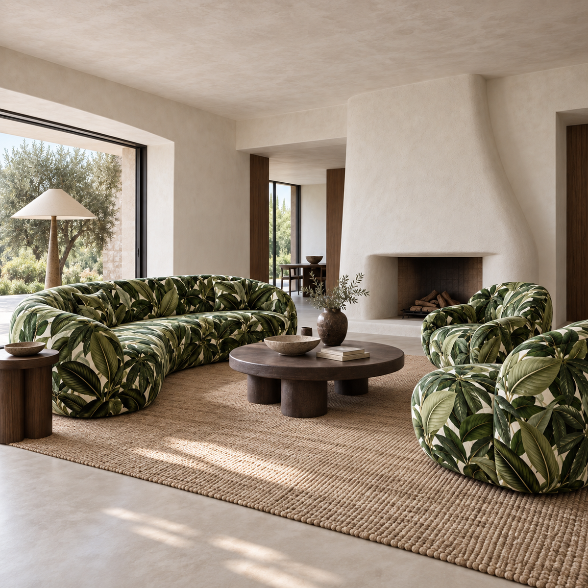 A modern living room featuring a curved sofa and two matching armchairs upholstered in a bold green tropical leaf print fabric, arranged on a large woven jute rug around a round wooden coffee table.