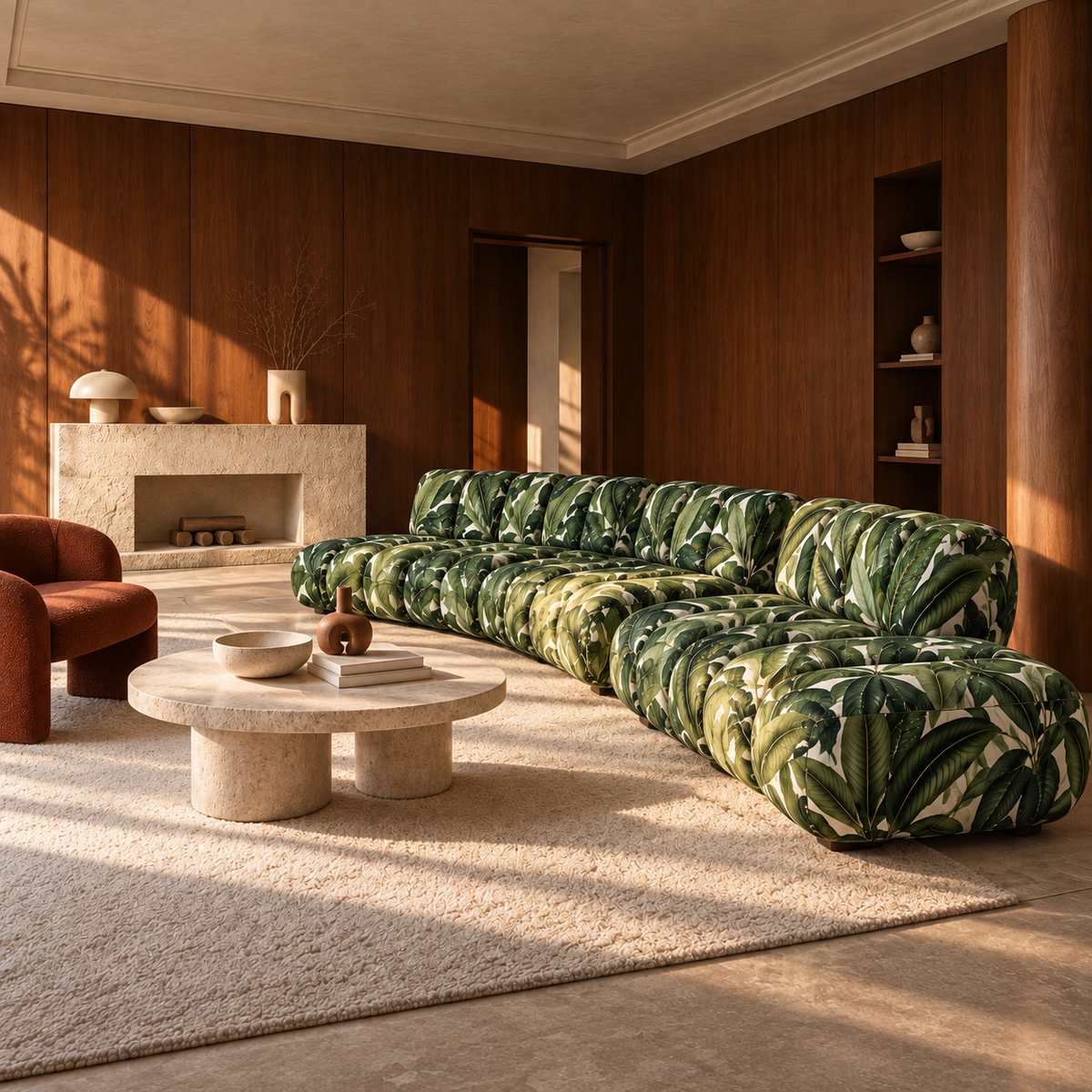 A curved modular sofa upholstered in a bold green and white tropical leaf print pattern, set in a mid-century modern living room with dark wood paneling and a stone coffee table.