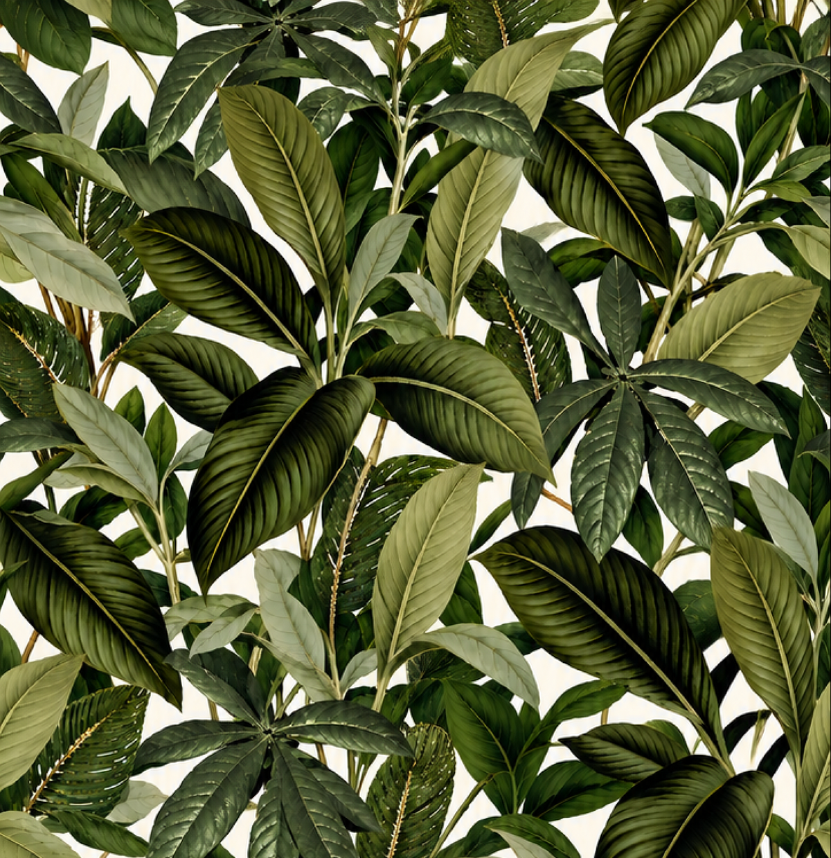 A dense botanical pattern of illustrated tropical leaves in multiple shades of green on a light off-white background.
