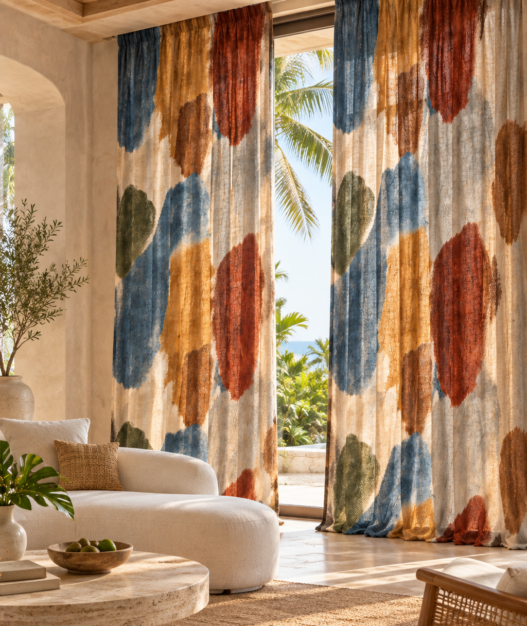 Boho-style patterned curtains hanging in a sunlit living room with a white curved sofa, palm tree view, and warm neutral decor.