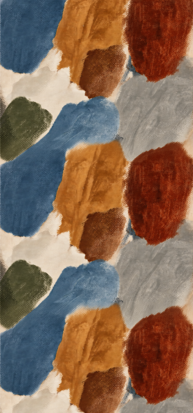 Abstract textured painting with organic shapes in blue, rust red, ochre orange, olive green, brown, and light gray on an off-white background.