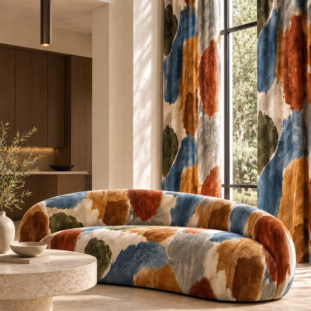 A curved upholstered sofa in a modern living room with abstract watercolor-style upholstery in blue, rust orange, brown, cream, and olive tones. Matching patterned curtains hang beside a tall window, and a stone coffee table and vase sit in the foreground.