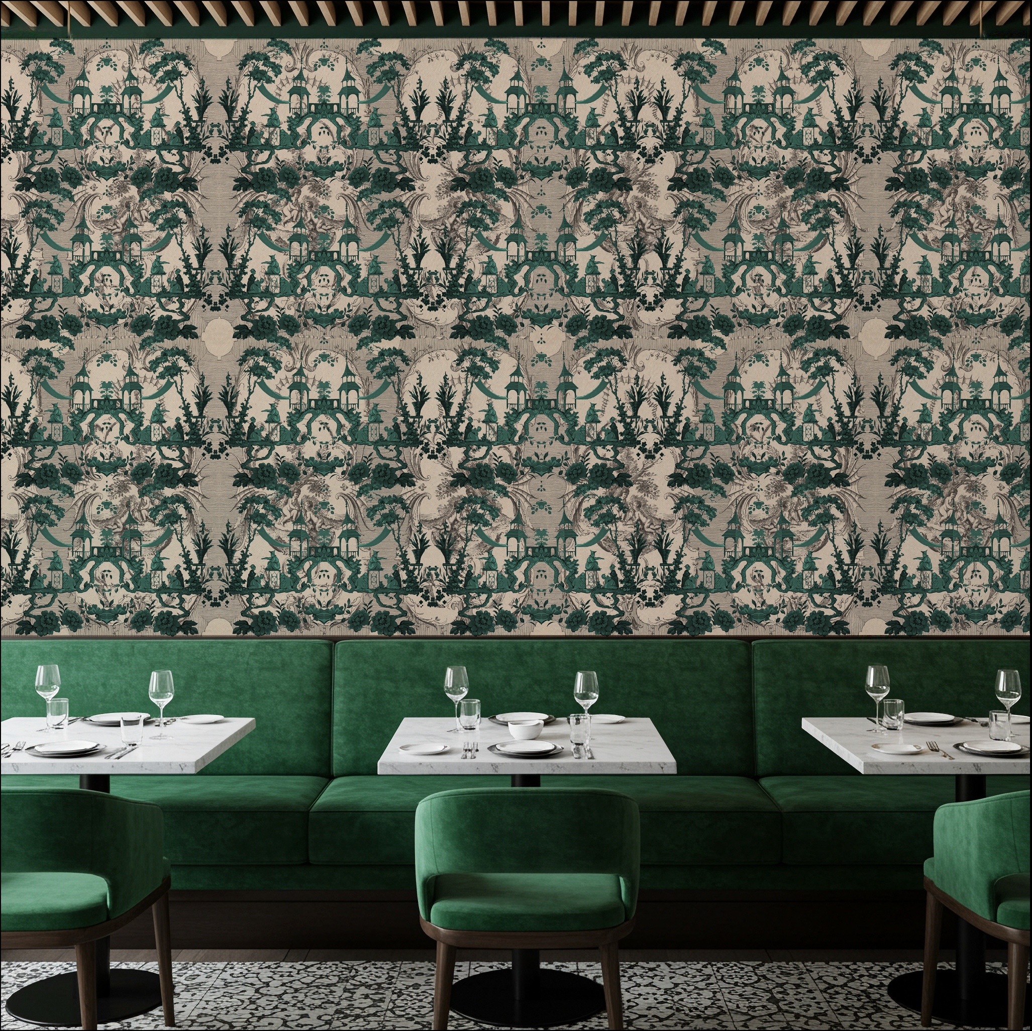 Wallpaper - Chinoiserie - Lucky Jade Garden - Emerald